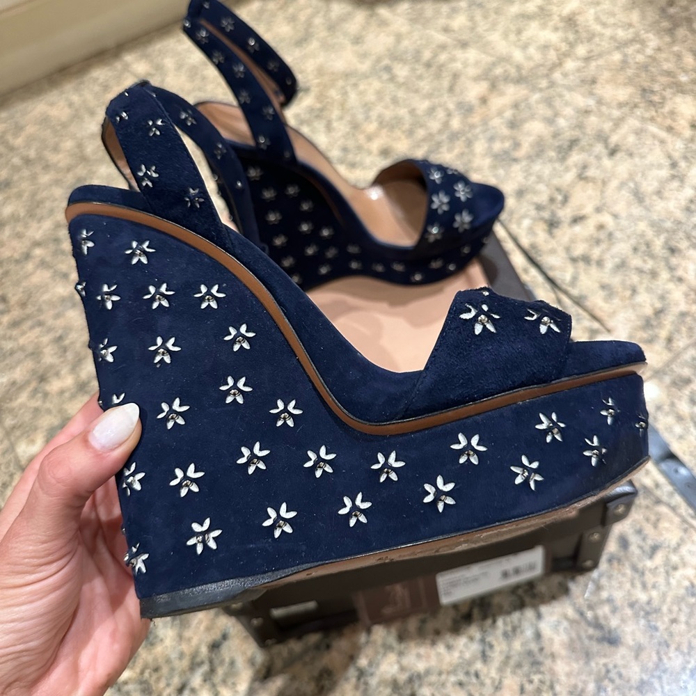 Alaia Navy Blue Floral Cutout Studded Suede Platform Wedge Sandals Size 40